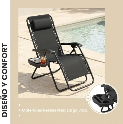 Weida Home Tumbona Plegable Reposapiés Cojín Bandeja Lateral Zero Gravity Gris - vista 4