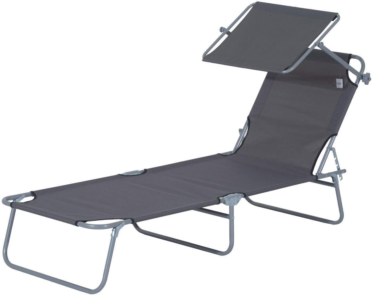 Outsunny Tumbona Plegable 187 × 58 cm 4 Posiciones Reposacabezas Toldo Gris Oxford