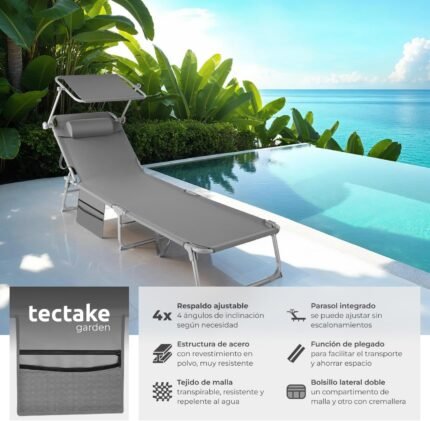 Tectake Chloé Tumbona plegable con parasol y ajuste en 4 posiciones - vista 4