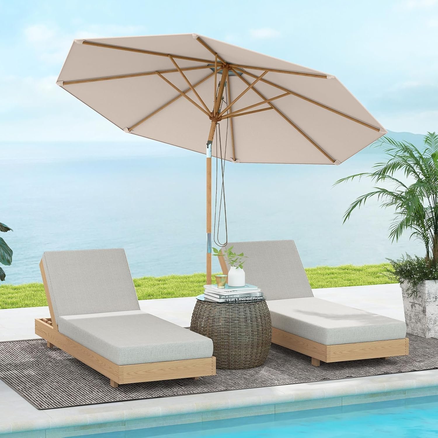 FANTASK Sombrilla Plegable 270 cm Bambú 30° Inclinación Tejido Poliéster Beige - vista 2